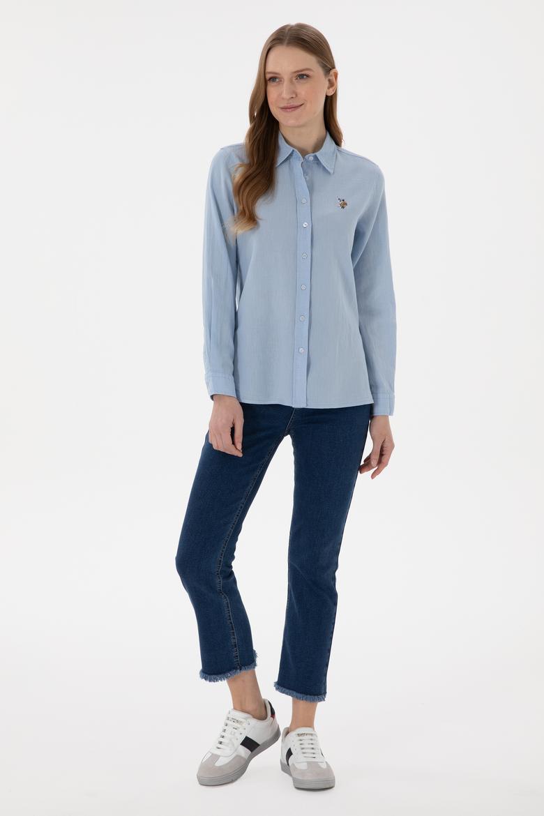 Kadın Açık Mavi Keten Karışımlı Uzun Kollu Basic Gömlek - 50298098011
