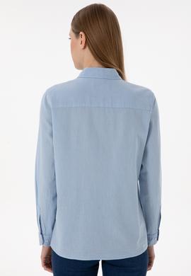 Kadın Açık Mavi Keten Karışımlı Uzun Kollu Basic Gömlek - 50298098011
