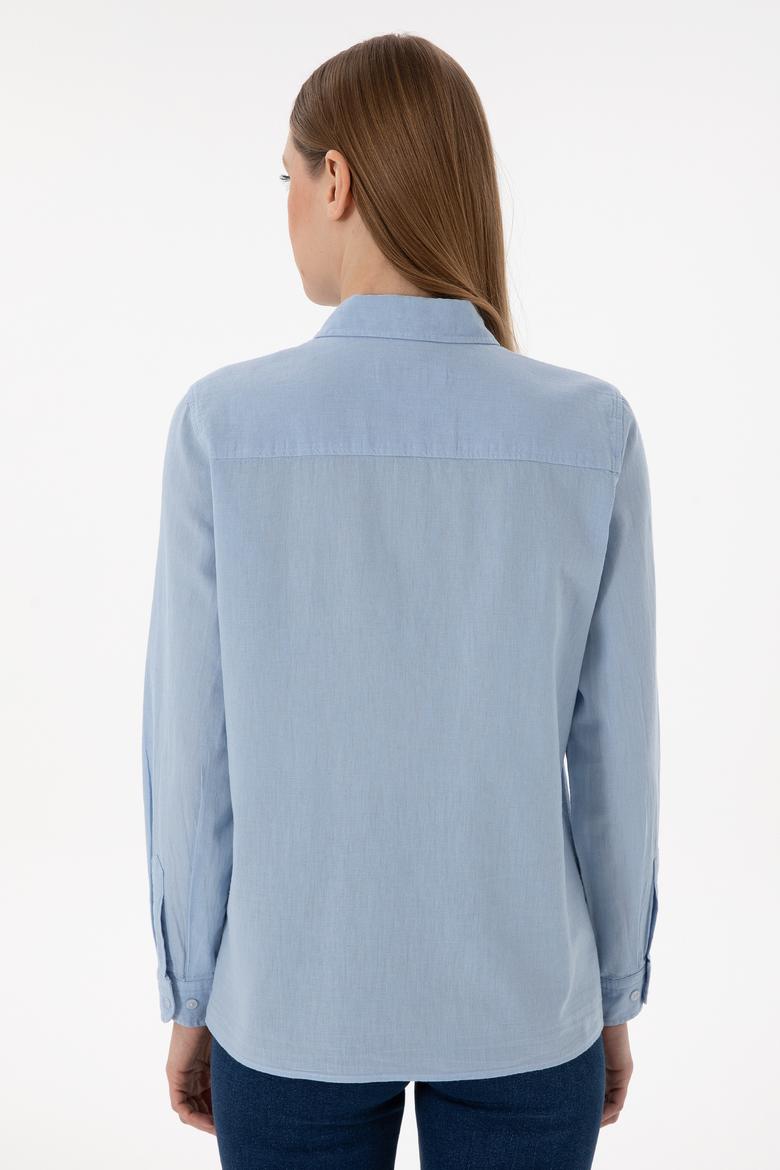 Kadın Açık Mavi Keten Karışımlı Uzun Kollu Basic Gömlek - 50298098011