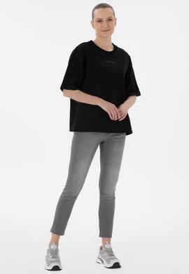 Kadın Siyah Oversize Bisiklet Yaka Tişört - 50294482017