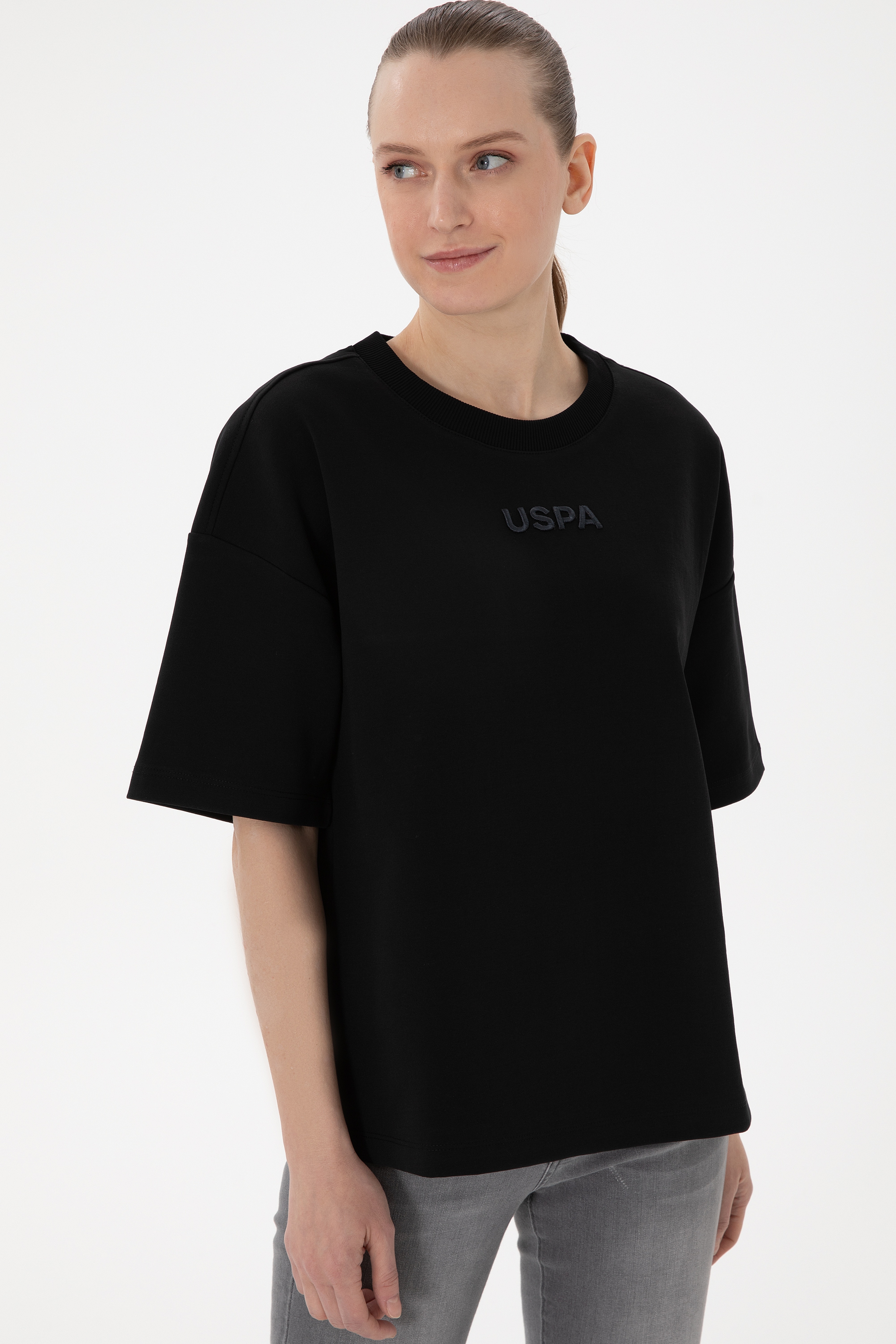 Kadın Siyah Oversize Bisiklet Yaka Tişört