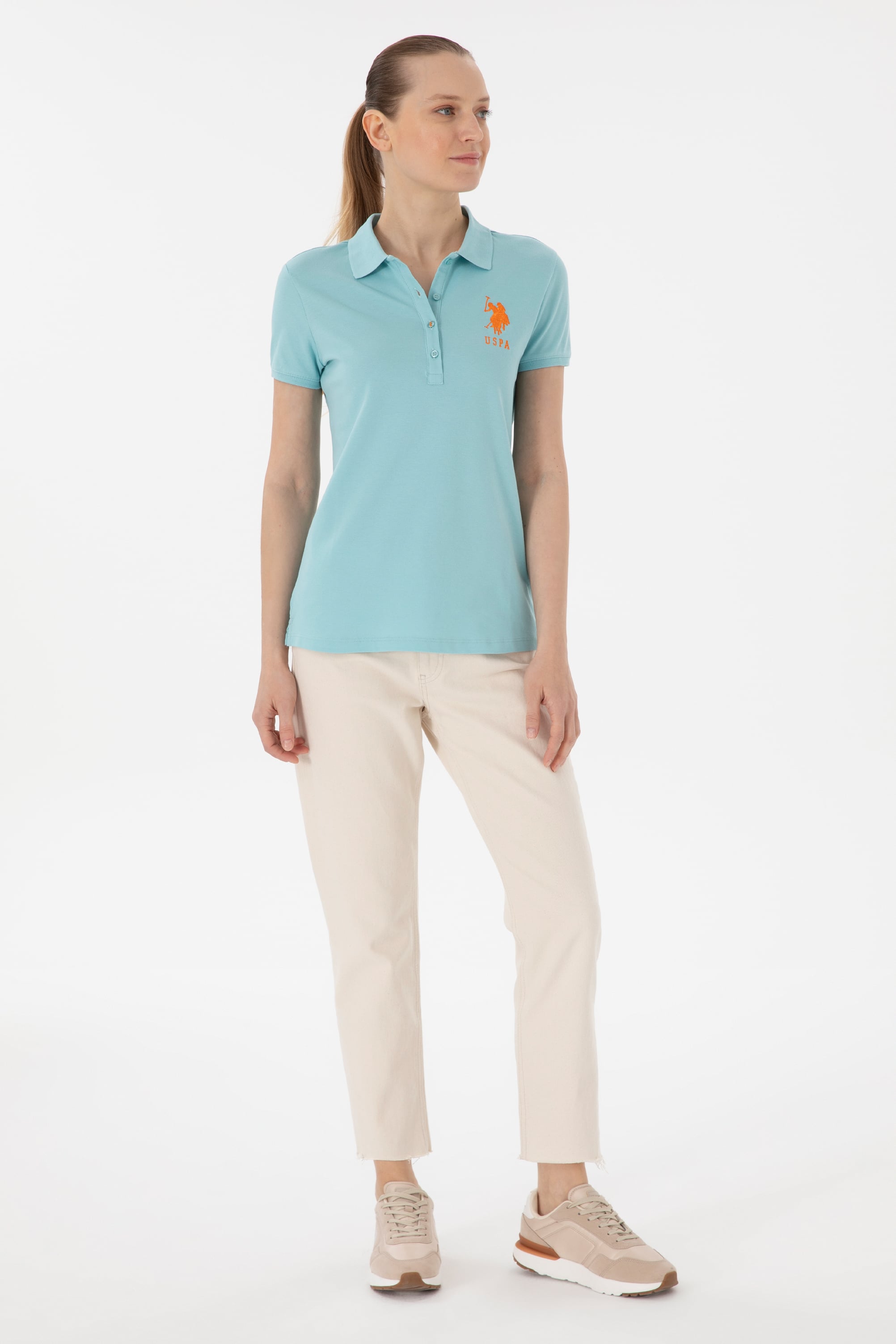 Kadın Su Yeşili Basic Polo Yaka Tişört - Image 4