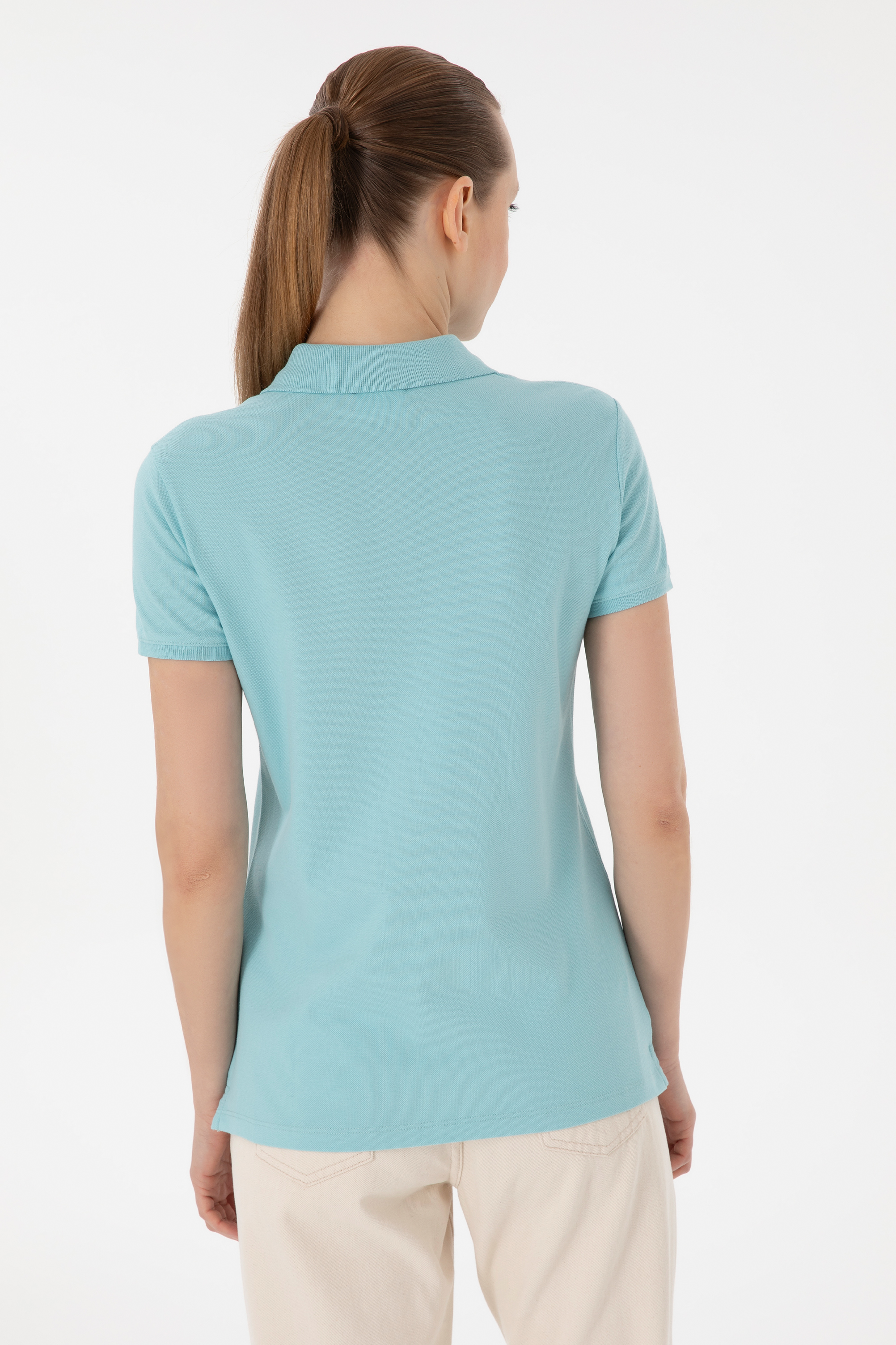 Kadın Su Yeşili Basic Polo Yaka Tişört - Image 5