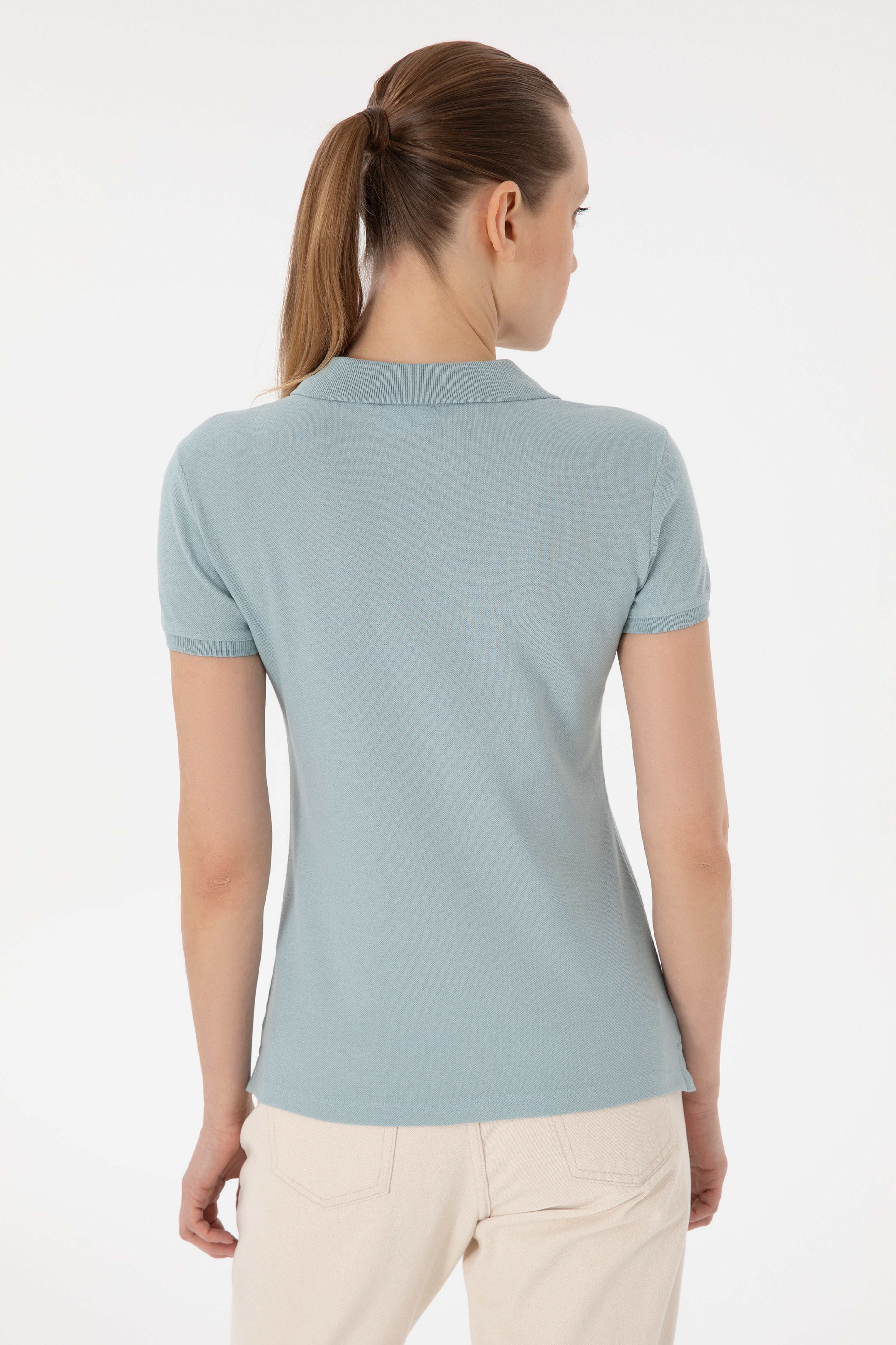 Kadın Su Yeşili Basic Polo Yaka Tişört - Image 5