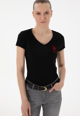 Kadın Siyah V Yaka Basic Tişört - 50300828019