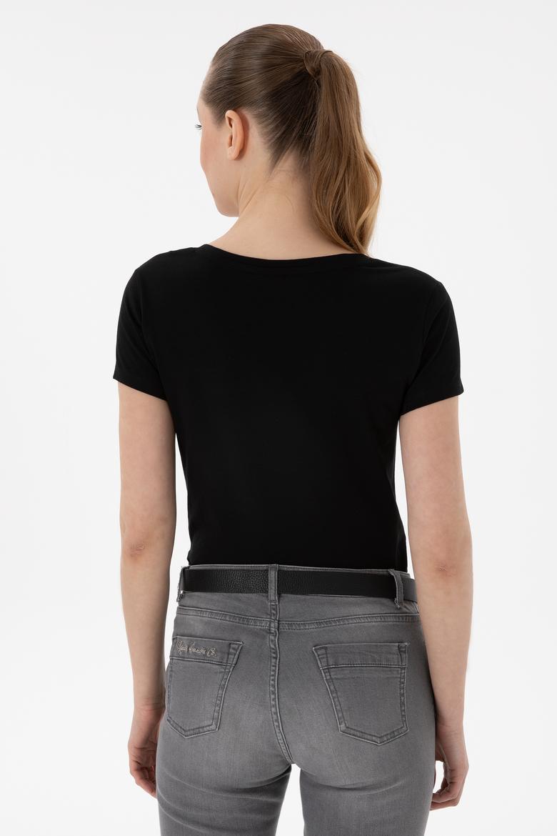 Kadın Siyah V Yaka Basic Tişört - 50300828019