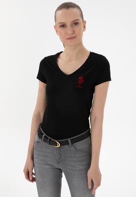 Kadın Siyah V Yaka Basic Tişört - 50300828019