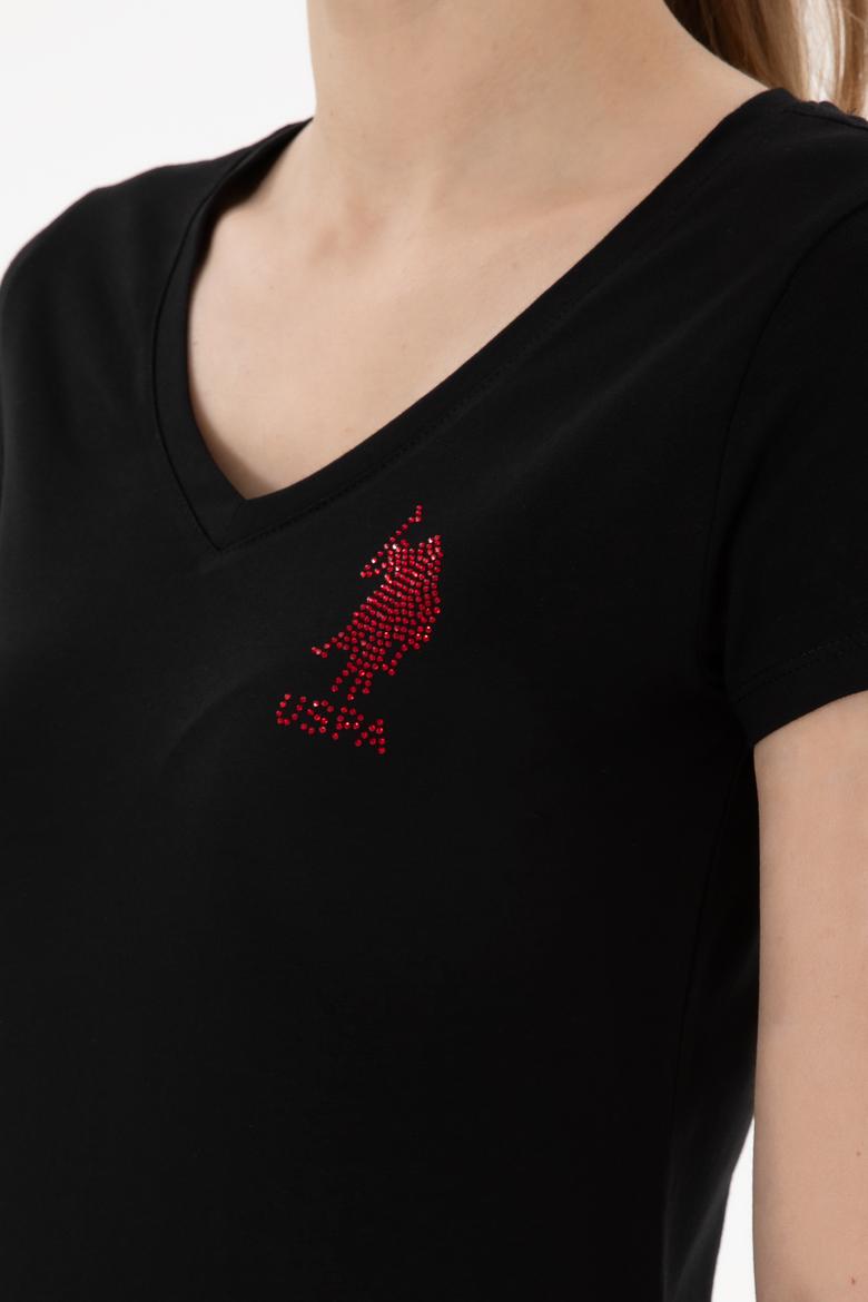 Kadın Siyah V Yaka Basic Tişört - 50300828019