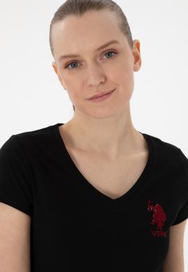 Kadın Siyah V Yaka Basic Tişört - 50300828019