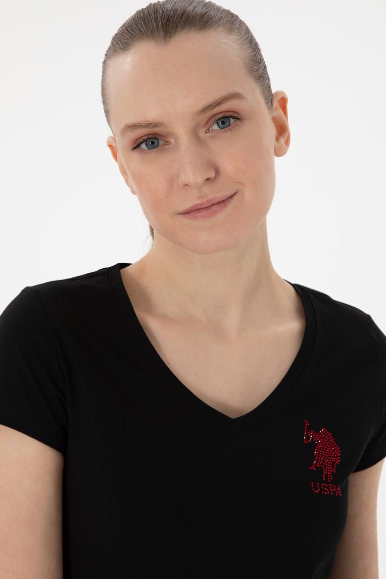 Kadın Siyah V Yaka Basic Tişört - 50300828019