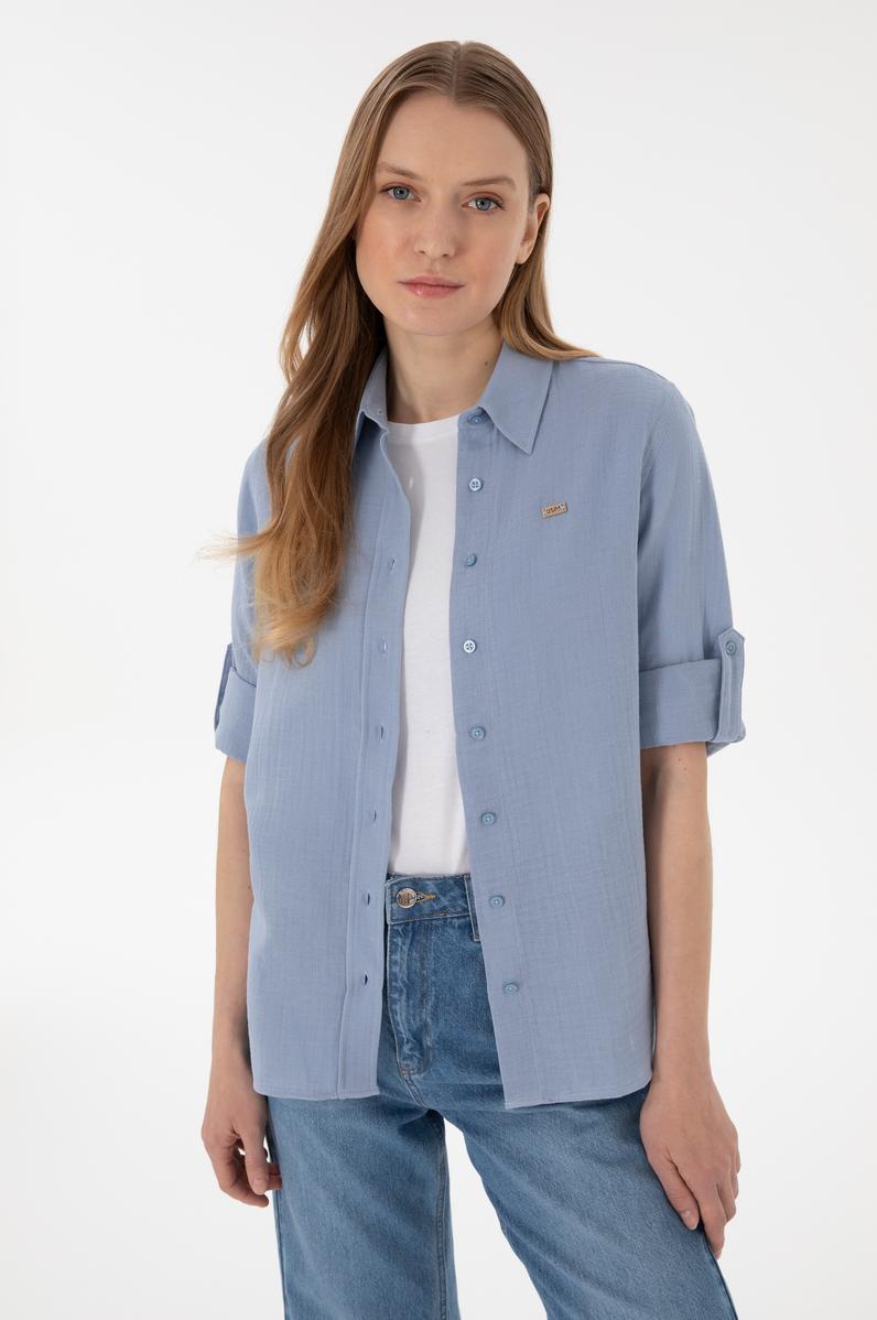 Kadın Mavi Uzun Kollu Tunik Gömlek