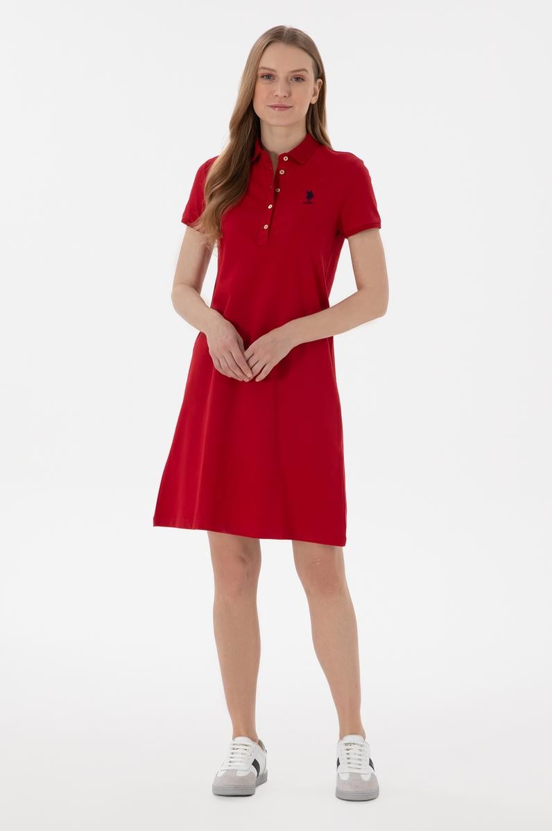 Kadın Kırmızı Polo Yaka Mini Boy Örme Elbise