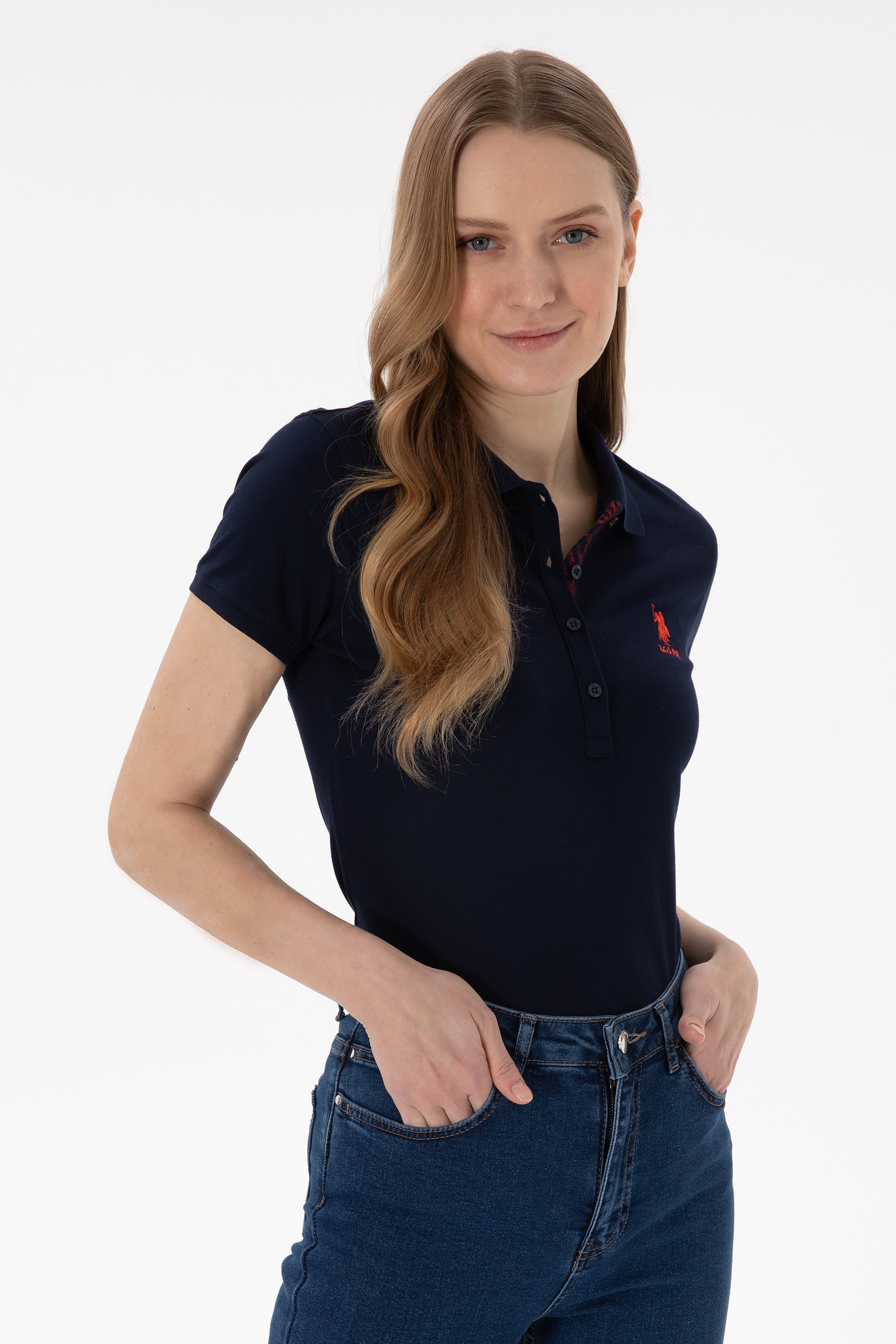 Kadın Lacivert Basic Polo Yaka Tişört - Image 1