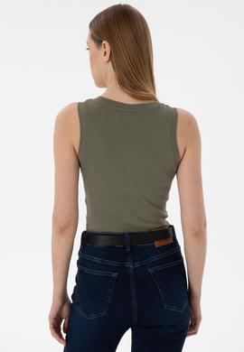 Kadın Koyu Haki Kolsuz Bisiklet Yaka Basic Tişört - 50300904076