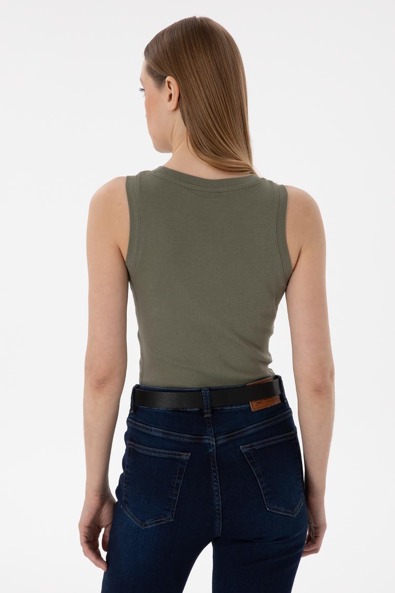 Kadın Koyu Haki Kolsuz Bisiklet Yaka Basic Tişört - 50300904076