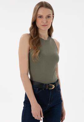 Kadın Koyu Haki Kolsuz Bisiklet Yaka Basic Tişört - 50300904076