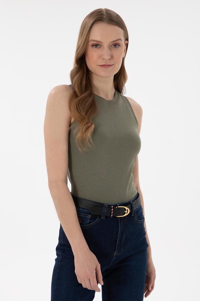 Kadın Koyu Haki Kolsuz Bisiklet Yaka Basic Tişört