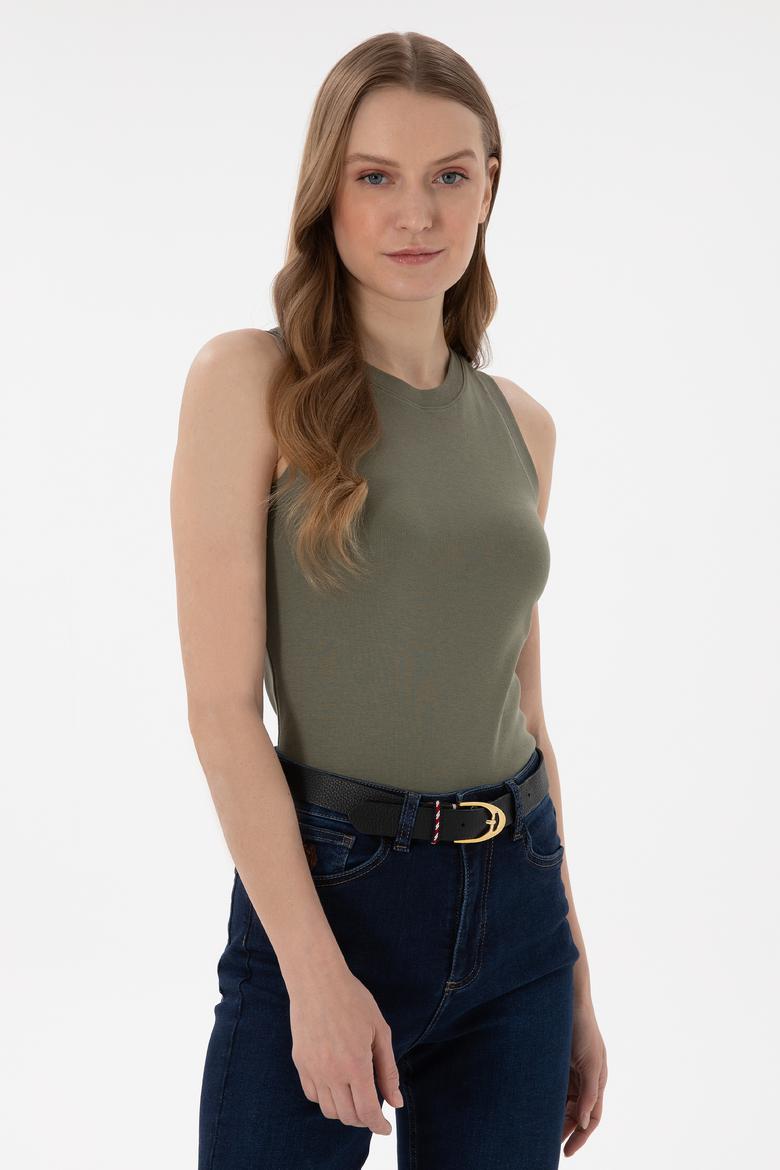 Kadın Koyu Haki Kolsuz Bisiklet Yaka Basic Tişört