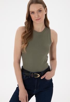 Kadın Koyu Haki Kolsuz Bisiklet Yaka Basic Tişört - 50300904076