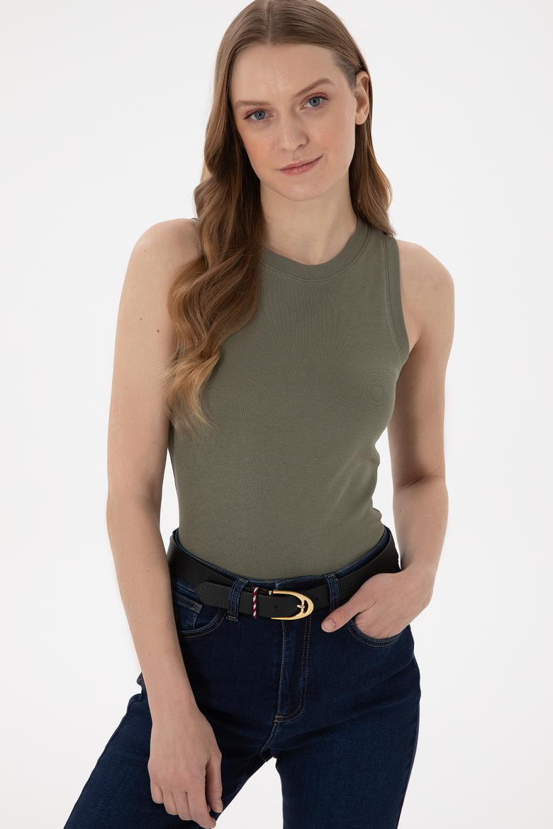 Kadın Koyu Haki Kolsuz Bisiklet Yaka Basic Tişört - 50300904076