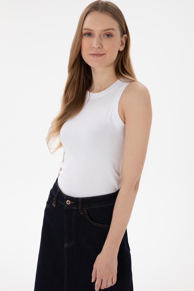 Kadın Beyaz Kolsuz Bisiklet Yaka Basic Tişört - 50300904012