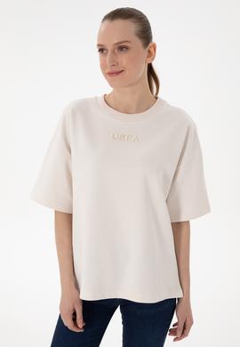 Kadın Krem Oversize Bisiklet Yaka Tişört - 50294482004