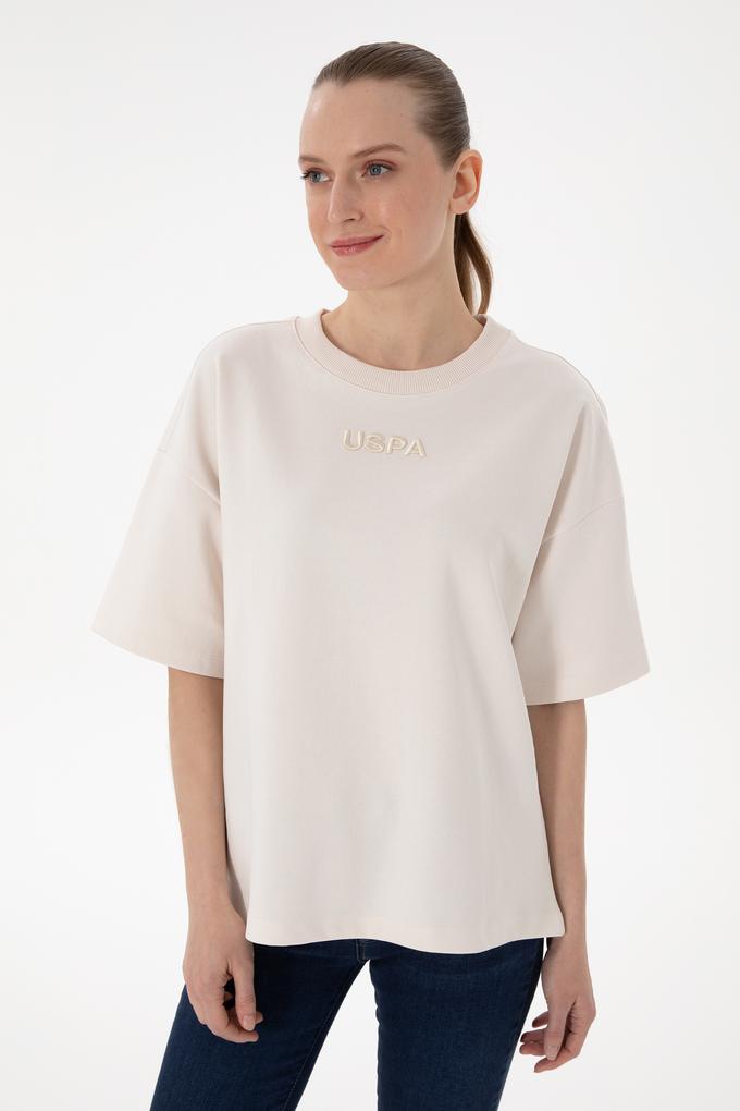 Kadın Krem Oversize Bisiklet Yaka Tişört