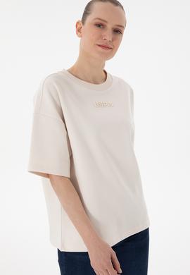 Kadın Krem Oversize Bisiklet Yaka Tişört - 50294482004