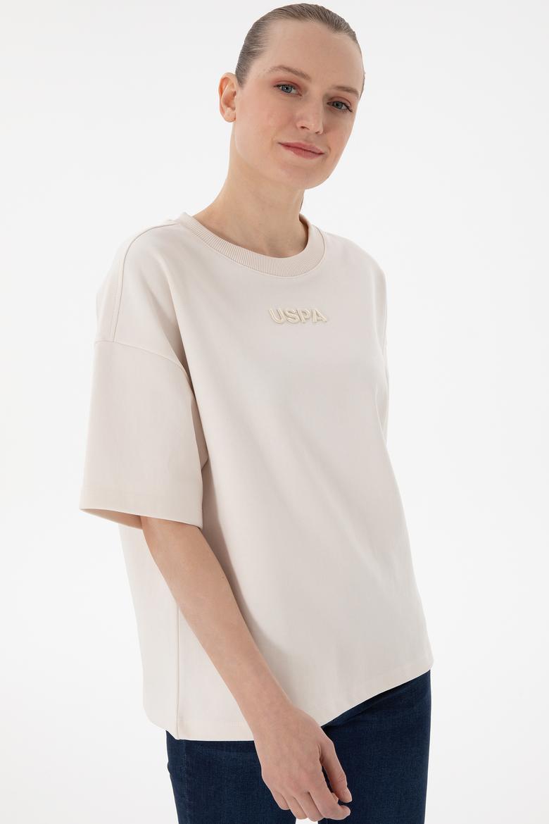 Kadın Krem Oversize Bisiklet Yaka Tişört - 50294482004