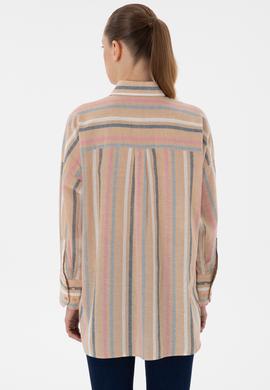 Kadın Turuncu Keten Karışımlı Uzun Kollu Çizgili Runik  Gömlek - 50305148005