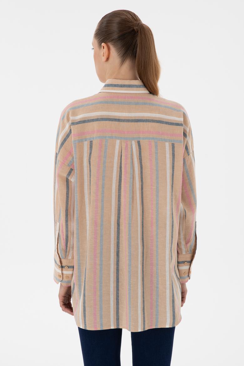 Kadın Turuncu Keten Karışımlı Uzun Kollu Çizgili Runik  Gömlek - 50305148005
