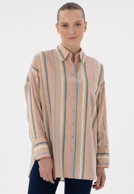 Kadın Turuncu Keten Karışımlı Uzun Kollu Çizgili Runik  Gömlek - 50305148005