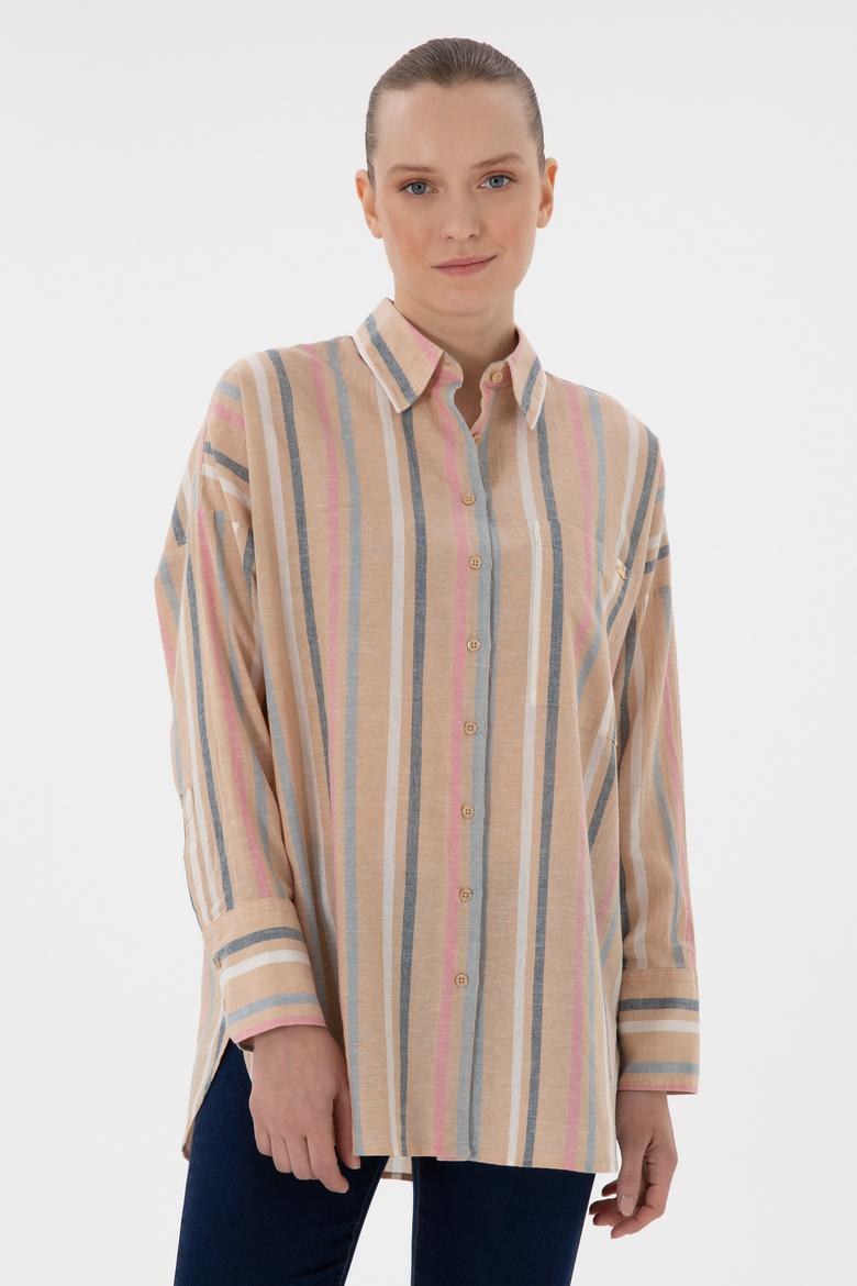 Kadın Turuncu Keten Karışımlı Uzun Kollu Çizgili Runik  Gömlek