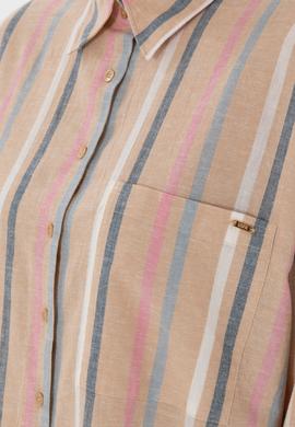 Kadın Turuncu Keten Karışımlı Uzun Kollu Çizgili Runik  Gömlek - 50305148005