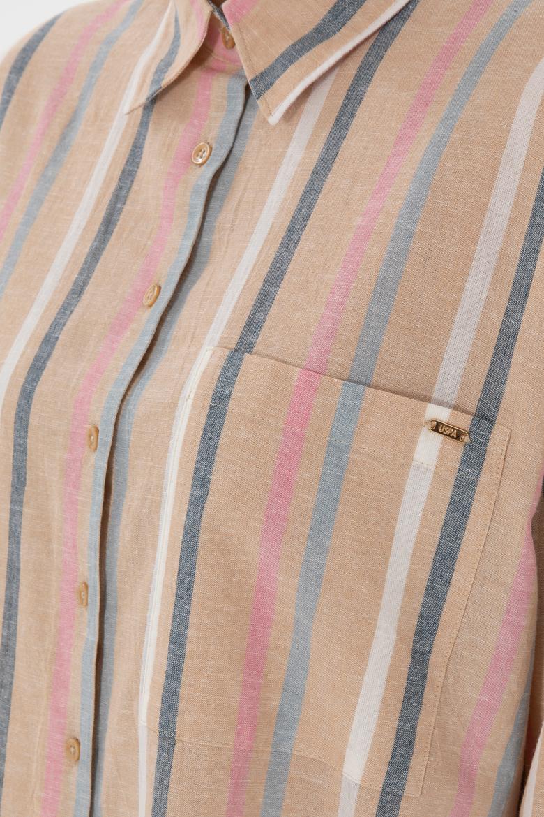 Kadın Turuncu Keten Karışımlı Uzun Kollu Çizgili Runik  Gömlek - 50305148005