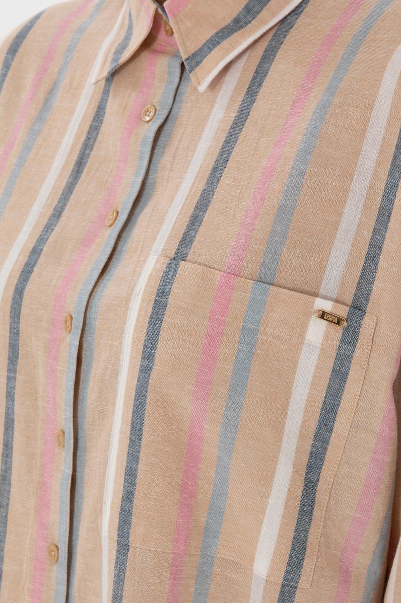 Kadın Turuncu Keten Karışımlı Uzun Kollu Çizgili Runik  Gömlek