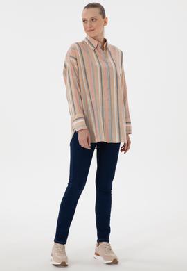 Kadın Turuncu Keten Karışımlı Uzun Kollu Çizgili Runik  Gömlek - 50305148005