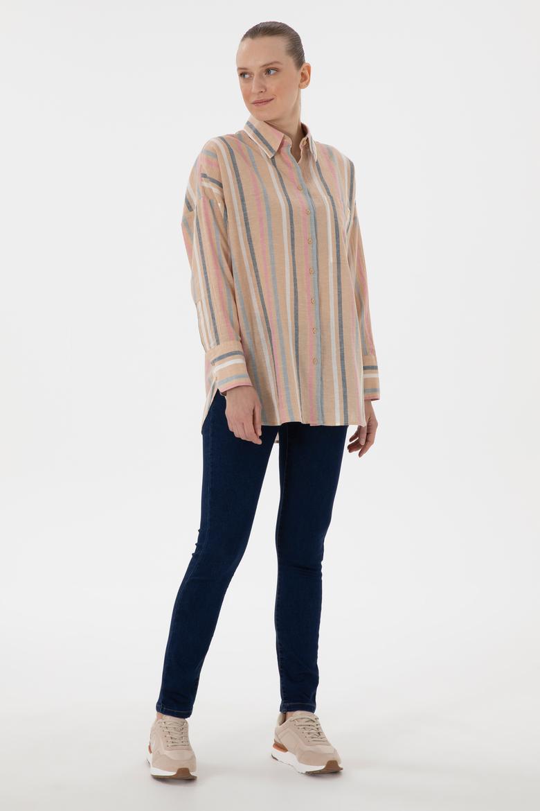 Kadın Turuncu Keten Karışımlı Uzun Kollu Çizgili Runik  Gömlek - 50305148005