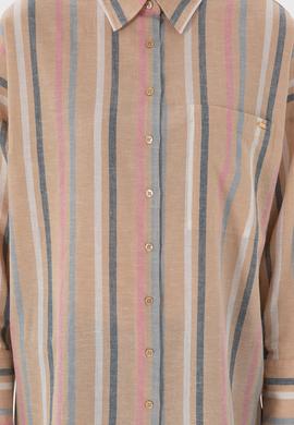 Kadın Turuncu Keten Karışımlı Uzun Kollu Çizgili Runik  Gömlek - 50305148005