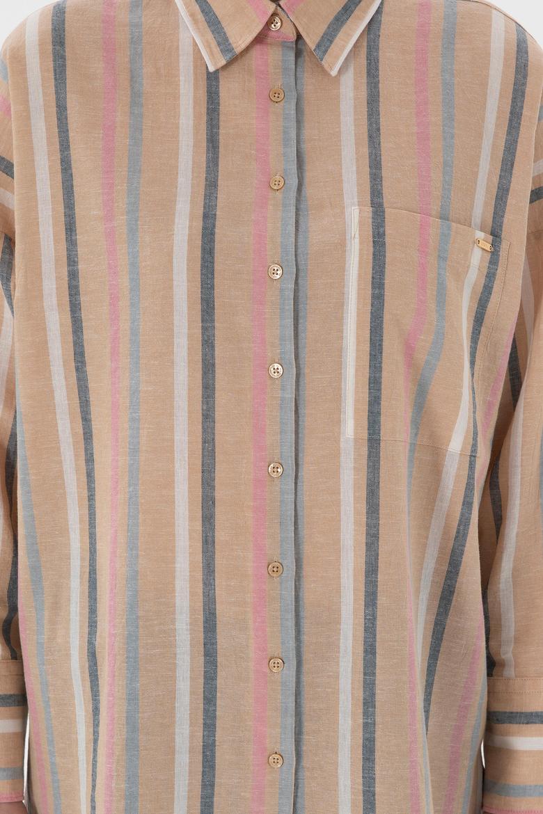 Kadın Turuncu Keten Karışımlı Uzun Kollu Çizgili Runik  Gömlek - 50305148005