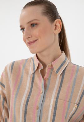 Kadın Turuncu Keten Karışımlı Uzun Kollu Çizgili Runik  Gömlek - 50305148005