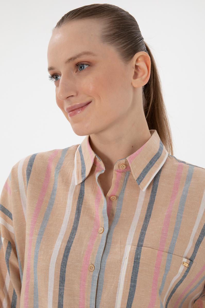 Kadın Turuncu Keten Karışımlı Uzun Kollu Çizgili Runik  Gömlek