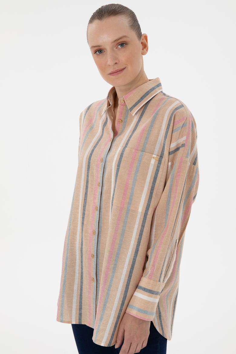 Kadın Turuncu Keten Karışımlı Uzun Kollu Çizgili Runik  Gömlek - 50305148005