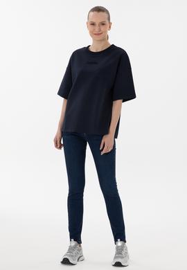 Kadın Lacivert Oversize Bisiklet Yaka Tişört - 50294482009