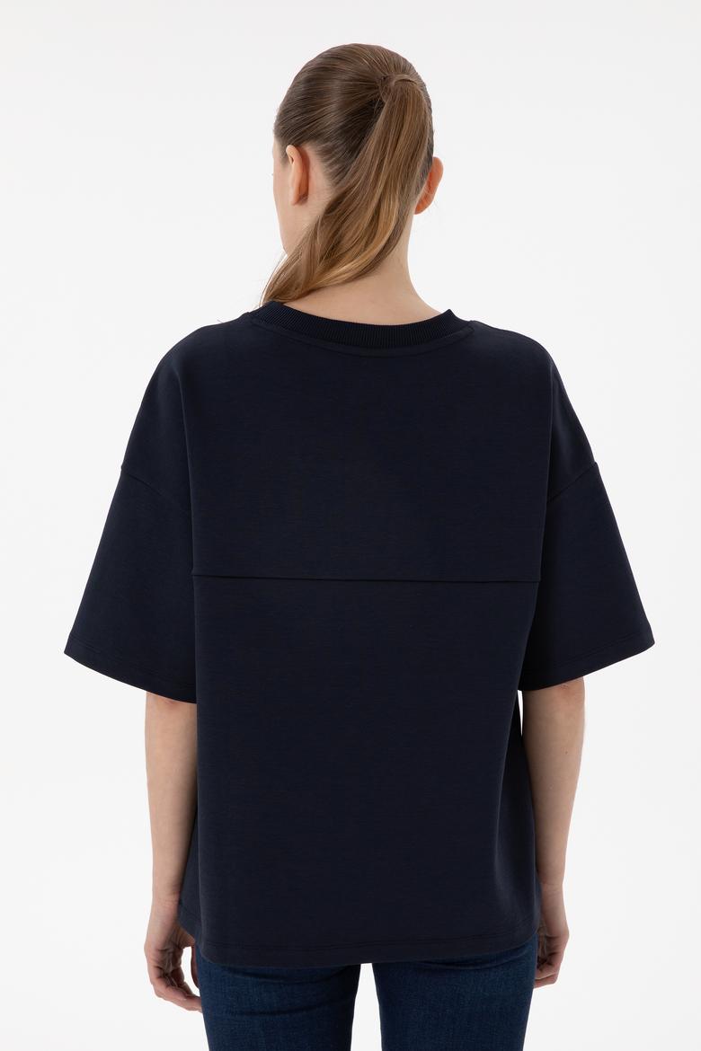 Kadın Lacivert Oversize Bisiklet Yaka Tişört - 50294482009