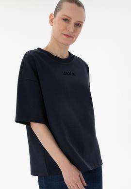 Kadın Lacivert Oversize Bisiklet Yaka Tişört - 50294482009