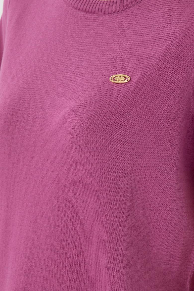 Kadın Fuşya Bisiklet Yaka Triko Tişört - 50306460003