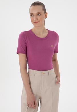 Kadın Fuşya Bisiklet Yaka Triko Tişört - 50306460003