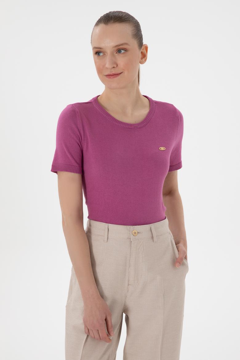 Kadın Fuşya Bisiklet Yaka Triko Tişört