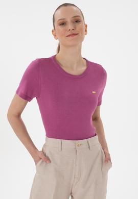 Kadın Fuşya Bisiklet Yaka Triko Tişört - 50306460003